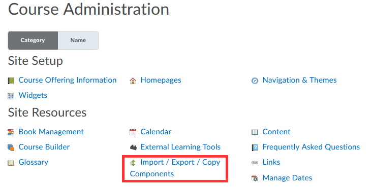 Course Admin > Import/Export/Copy Componets