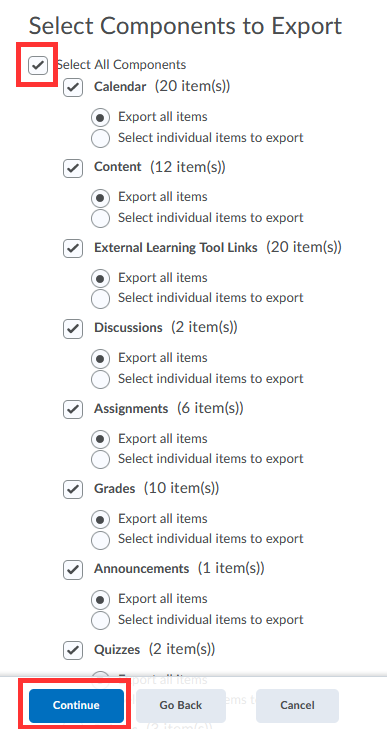 •	Select Components to Export > Continue