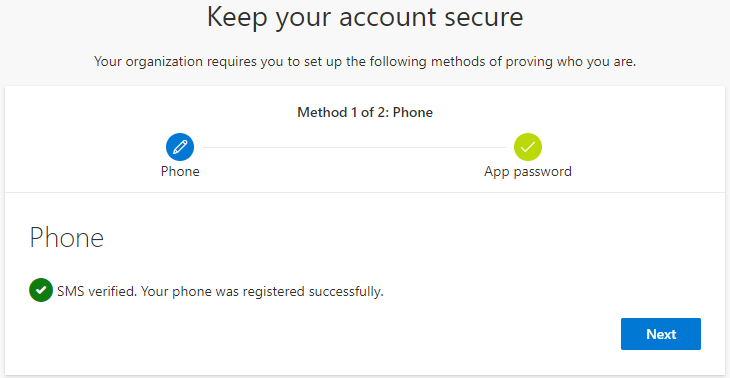 Screenshot of Microsoft security screen displaying a notification that the provided phone number had been successfully registered. 