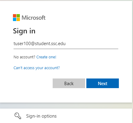 Screenshot of Microsoft login screen with a sample student email address populated.
