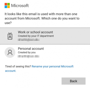 Screenshot of Microsoft account option screen with "Work or School Account" selected.