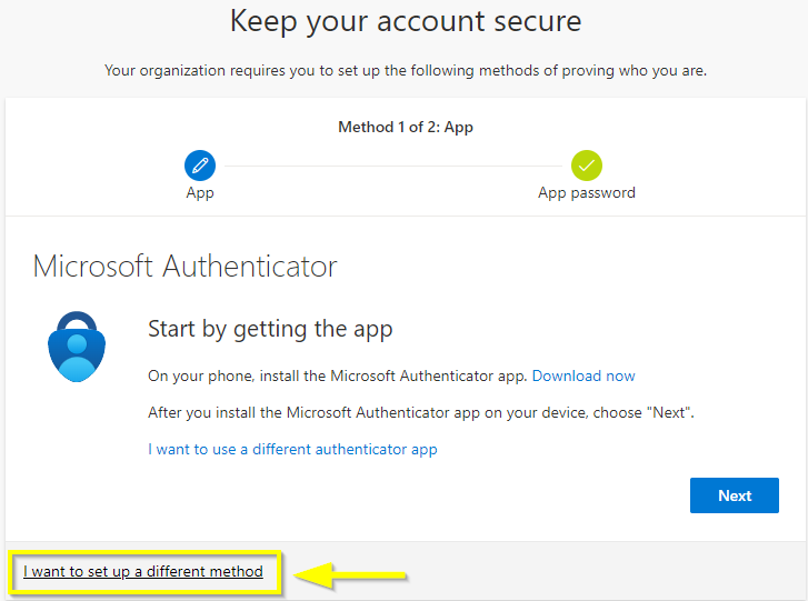 Screenshot of Microsoft security screen with the “I want to set up a different method” option selected.