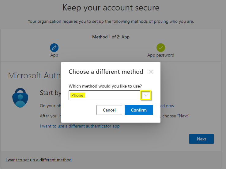 Screenshot of a Microsoft security window with "Choose a different method” displayed and phone selected from the drop-down box with “Confirm” selected.