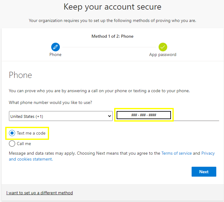 Screenshot of Microsoft phone details screen with the phone number box highlighted and Text me a code selected.