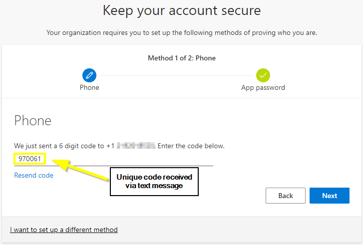 Screenshot of Microsoft phone details window with the filed to enter the verification code highlighted.