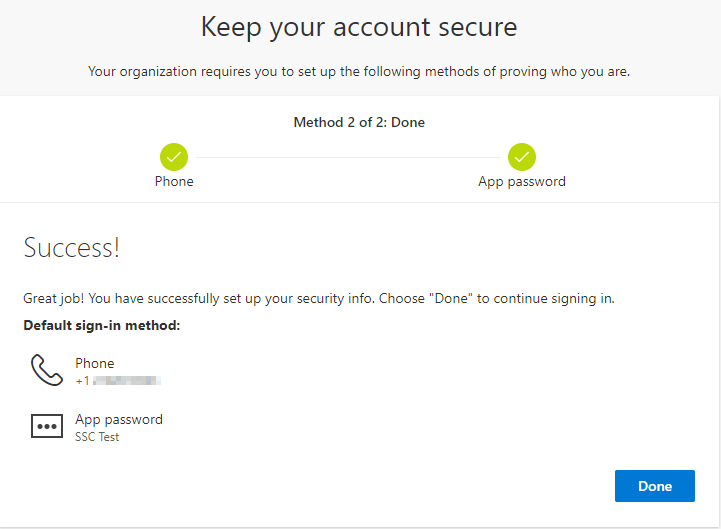 Screenshot of Microsoft security screen showing the default sign-in methods that have been successfully authorized.
