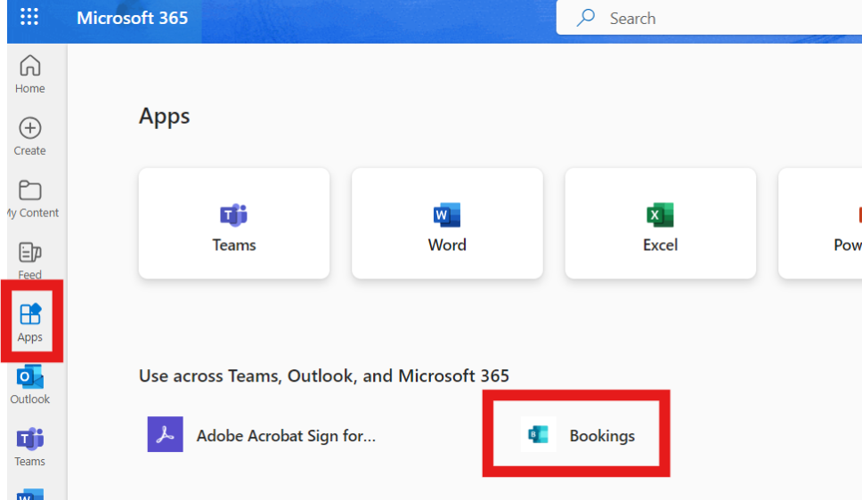 Bookings listed on Microsoft 365 App Screen