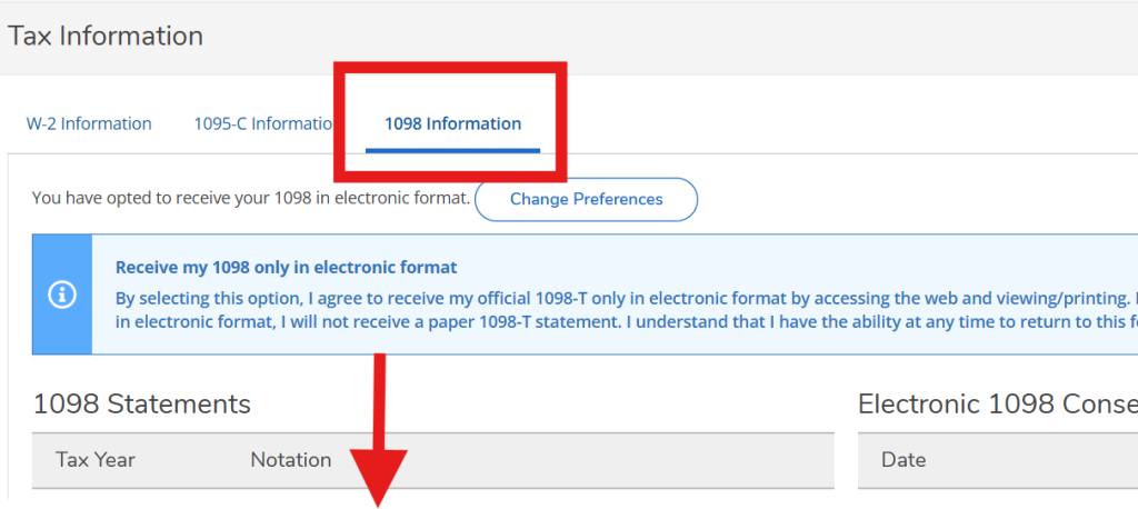 Option menu with a box drawn around the 1098 Information link.  Arrow pointing below to the location of the 1098 Statements.